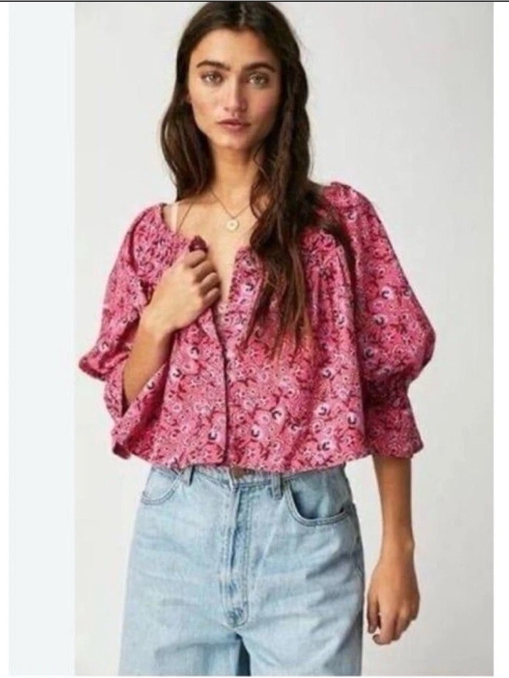 Free People James Smock Rose Pink Floral Puff-Sleeve Crop Top Size Medium